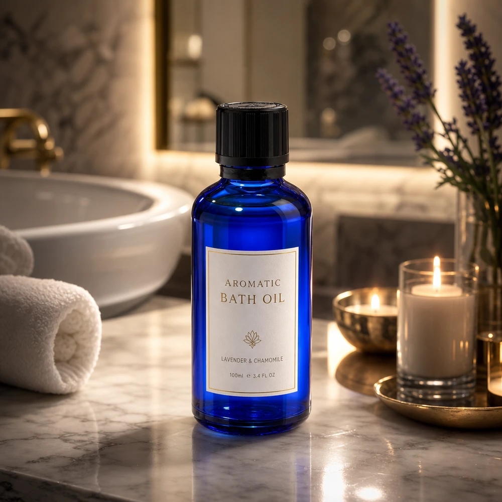 Blauwe glazen flessen 20ml met zwart druppelsluiting kinderslot 1mm Bliw VR Kleine blauwe apothekersfles van 50 ml met druppelaar in de luxueuze spa-badkamer bij kaarslicht