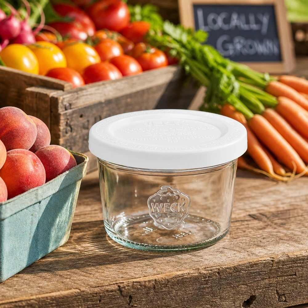 WECK RR60-pot van 80 ml met vershouddeksel 80ml WECK RR60 bekers met vers deksel tussen verse groenten en fruit op een rustieke houten tafel voor natuurlijke opslag.
