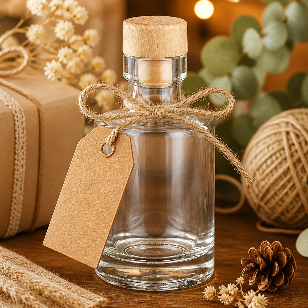 100 ml Marie glazen fles met houten kurk, verpakt met jute lint en cadeaulabel in rustiek decor.