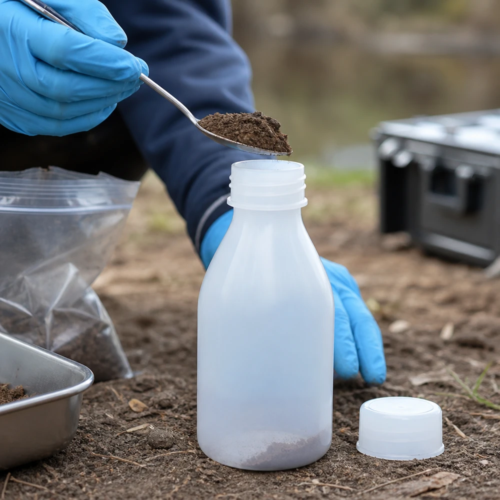 Nauwe hals laboratoriumfles 100ml met schroefsluiting Geoloog neemt tijdens veldwerk een bodemmonster met een lepel en doet dit in een laboratoriumflesje met een smalle hals van 100 ml