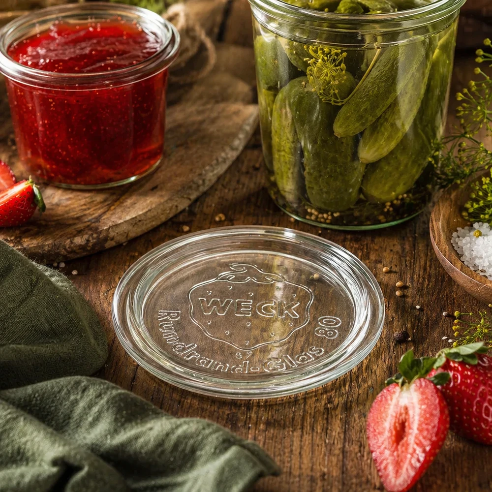 WECK glazen deksel RR80 WECK potdeksel RR80 in een natuurlijke keukenscène met inmaakpotten augurken en jam op een houten tafel