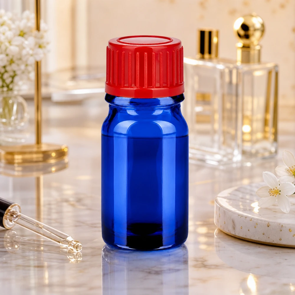 5 ml flesje van UV-beschermend blauw glas met 11 mm rode dop voor lichtgevoelige stoffen
