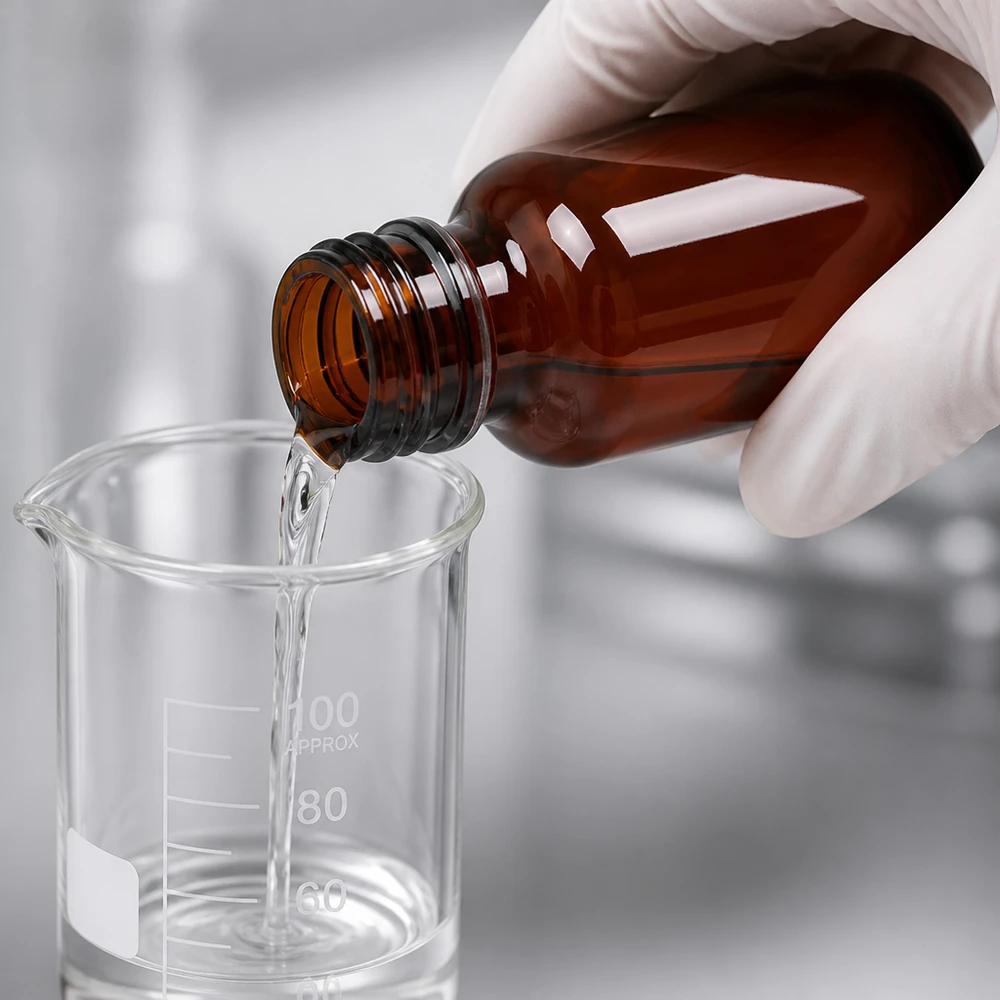 50 ml PET medicijnfles met verstuiver zwart GCMI 28/410 incl. dop transparant, standaard Professionelle Abfüllung dünner Flüssigkeit mit Schutzhandschuh in graduiertes Laborgerät
