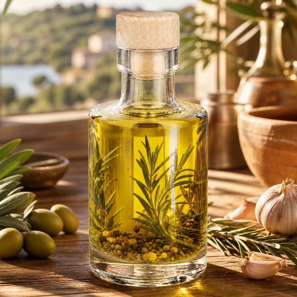 100ml glazen fles Marie met houten kurk gevuld met kruidenolie rozemarijn peperkorrels naast olijven en knoflook mediterra