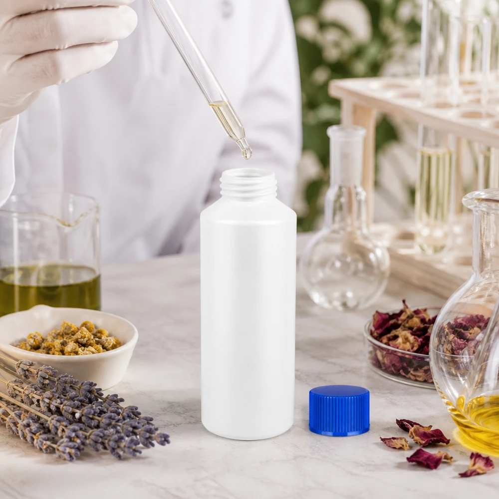 Apothekersflesje van 100 ml, wit, van HDPE, geopend, naast gedroogde rozenblaadjes en lavendel