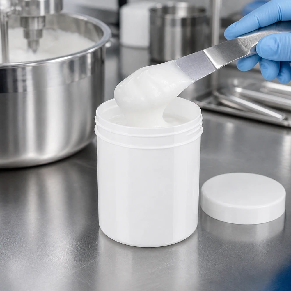 Professionele afvulling van witte zalf in zalfpotjes van 200 g, vervaardigd uit voedselveilig polypropyleen