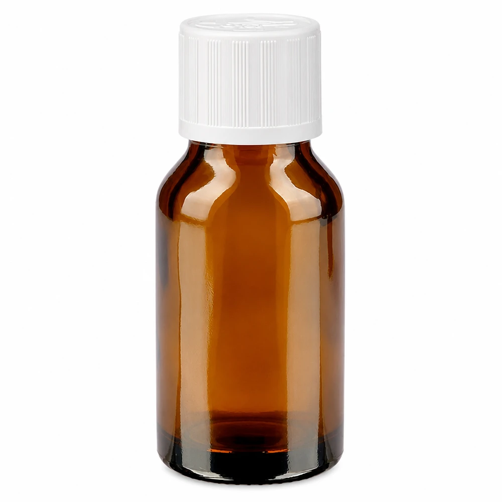 Bruine glazen fles van 30 ml met een kindveilige witte dop, ideaal voor farmaceutische producten