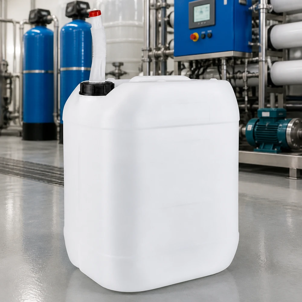Jugd van 20 liter met flexibele uitloopbuis, in rechthoekige vorm voor ruimtebesparende opslag