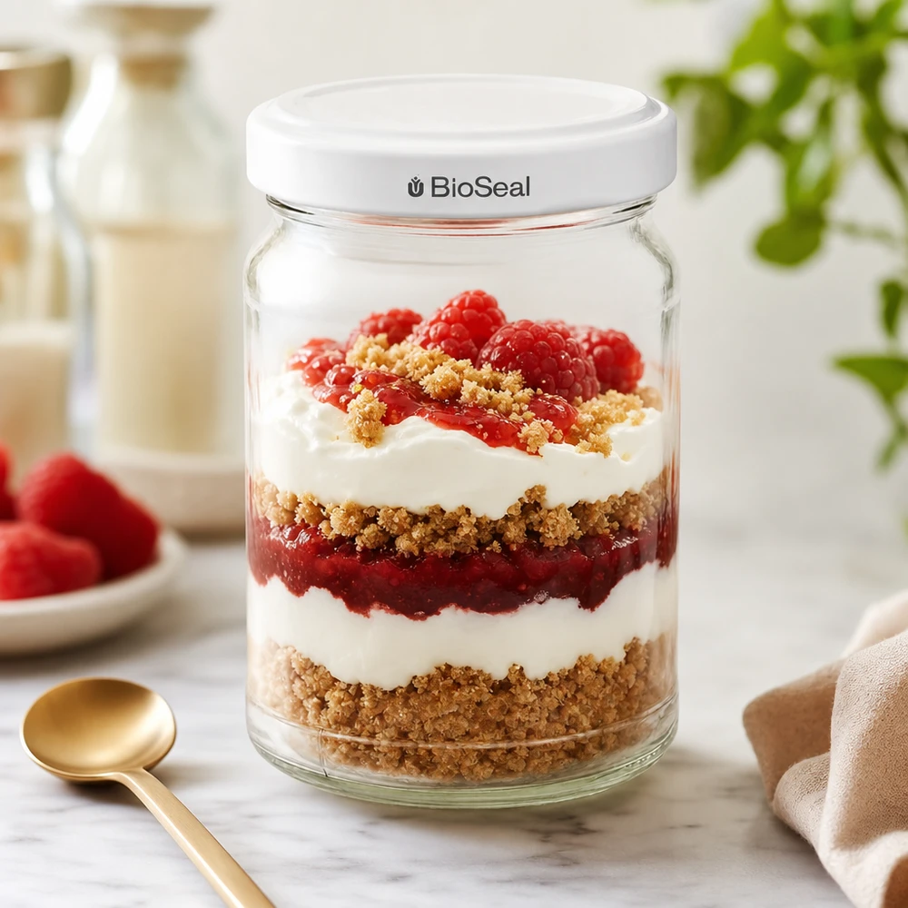 205ml rond glas met BioSeal deksel wit UNiTWIST UNiTWIST Runda205 met TO58 BioSeal deksel als dessertglas voor gelaagde desserts met bessen en room