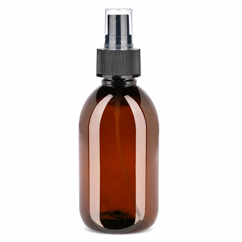 250 ml PET medicijnfles met verstuiver zwart GCMI 28/410 incl. dop transparant, standaard Nachfüllbare Braune PET Flasche 250ml mit Feinzerstäuber für Seren und Tonika