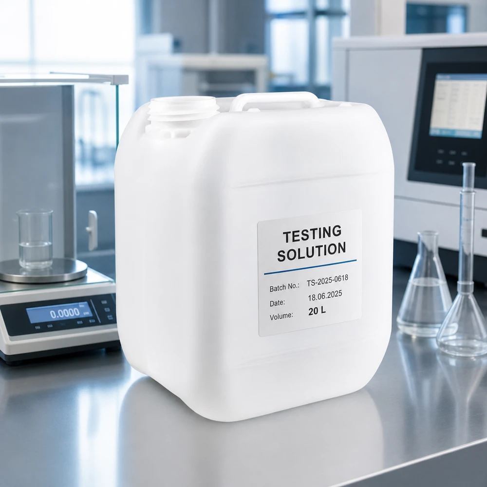 Gemarkeerde jerrycan van 5 liter zonder sluiting, met vermelding van het inhoudsvolume 20 l op het laboratoriumetiket