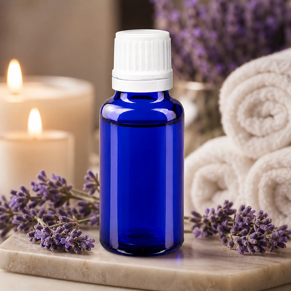 UV-werend blauw ApoGlas-flesje van 20 ml met witte veiligheidsdop en fijne druppelaar van 0,7 mm