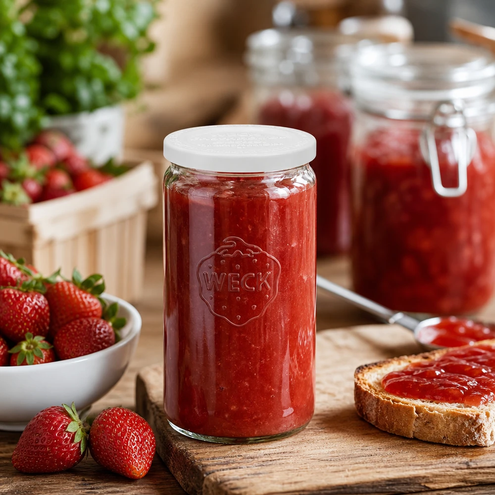 WECK cilinderpot 340ml gevuld met aardbeienjam in een rustieke keuken met verse aardbeien en brood