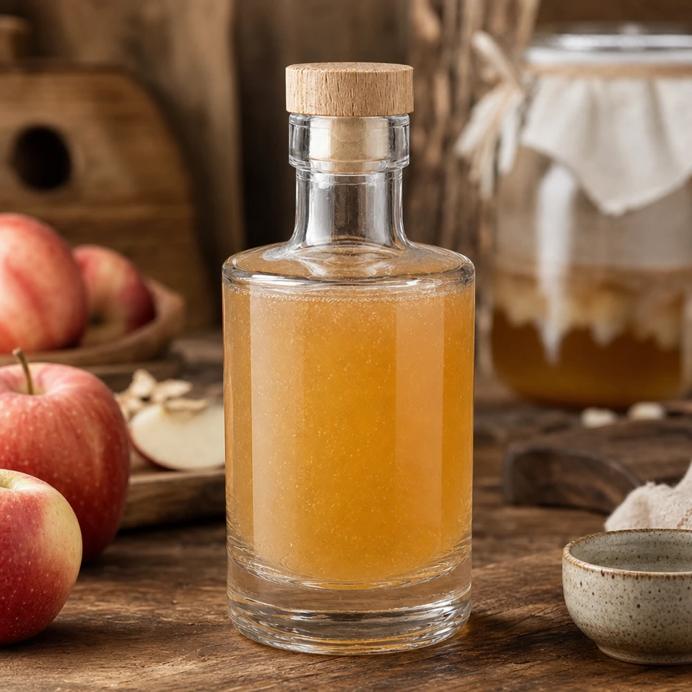 200 ml glazen fles Marie met houten kurk UNiTWIST® 200ml Glasflasche Marie mit Apfelessig befüllt, Holzkorken-Verschluss, rustikale Küchendeko mit frischen Äpfeln