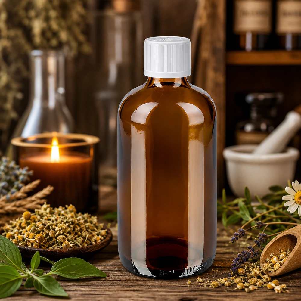 Bruine glazen fles 100ml met wit schroefsluiting kinderslot St Bruine apotheekfles van 100 ml met schroefdop, kindveilige sluiting, rustieke kruidenuitstraling