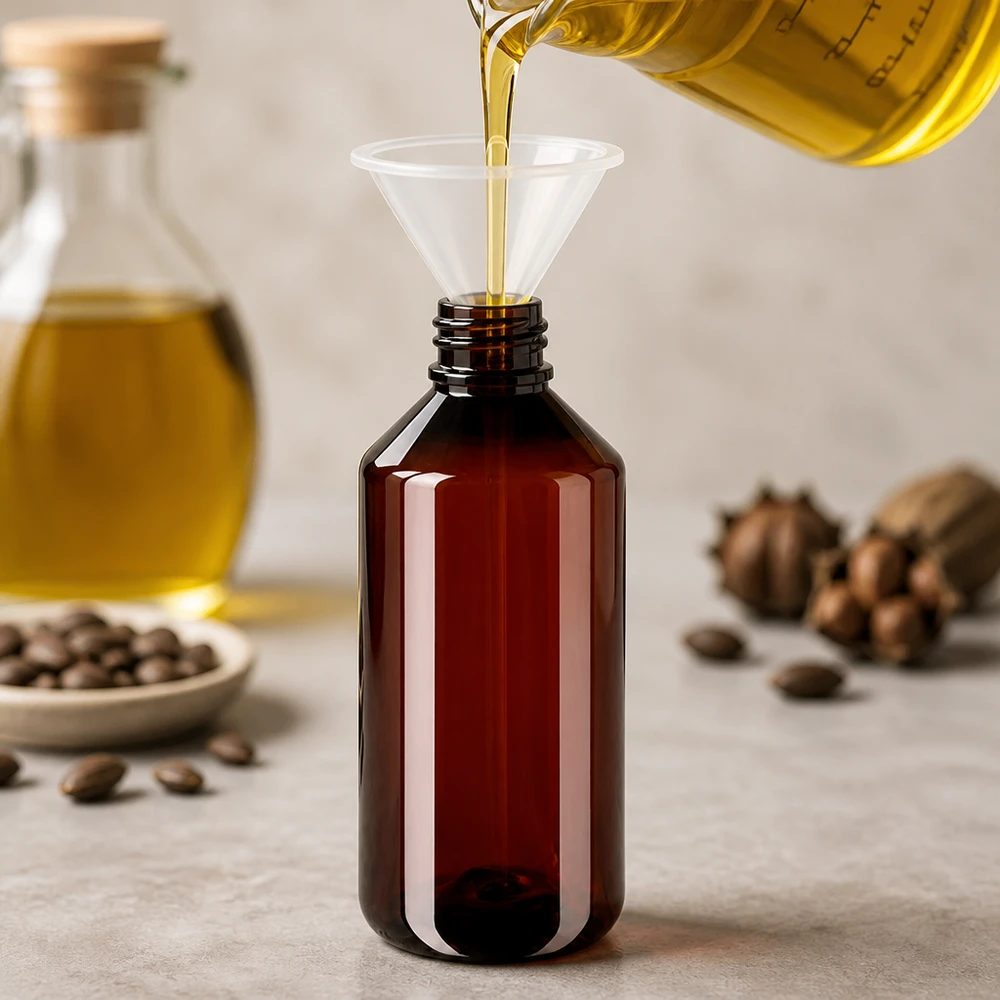 Het vullen van een bruine PET-spuitfles van 750 ml met onbewerkte ricinusolie en jojobaolie