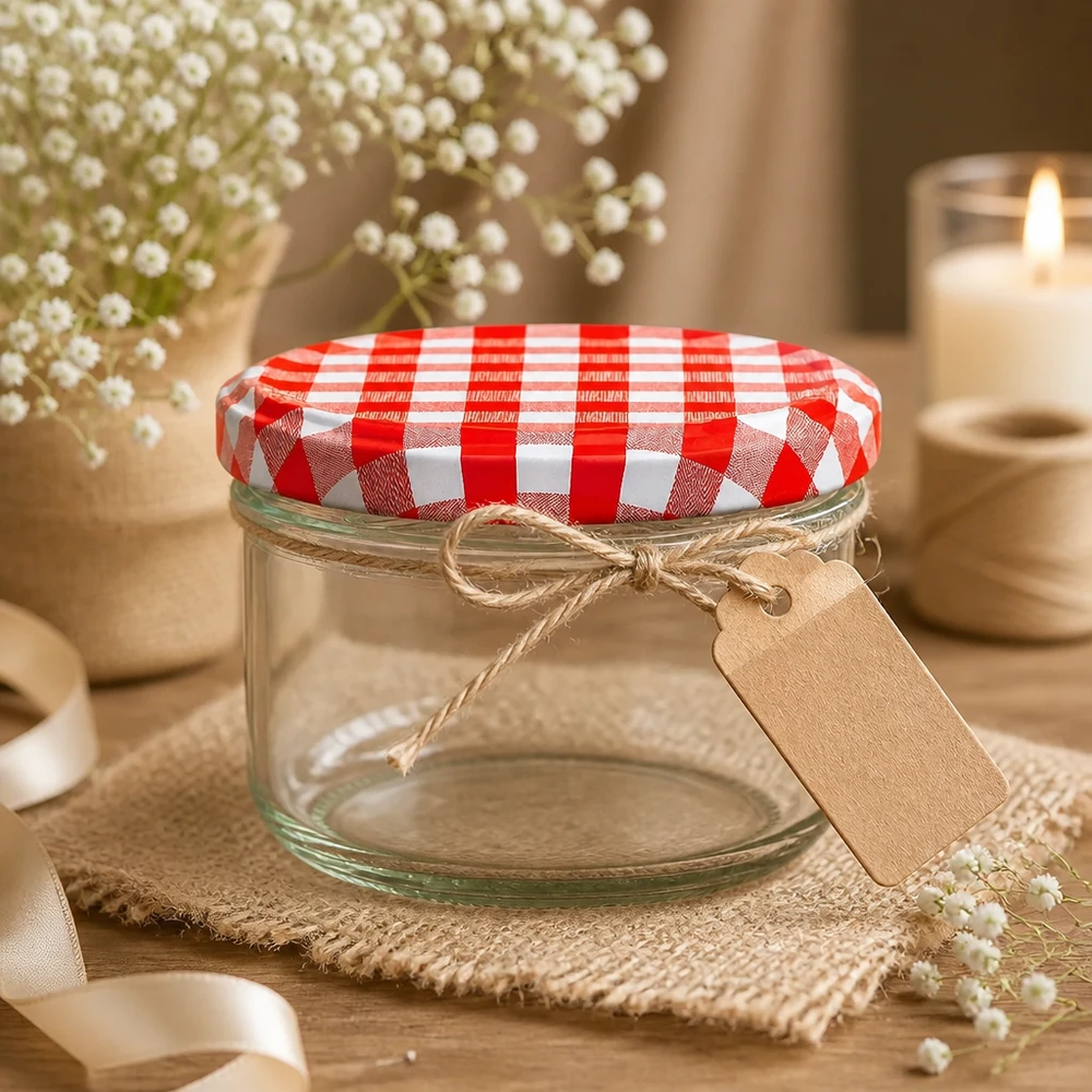 Lege 230 ml cilinderpot met rood en wit geblokt BasicSeal deksel en cadeaulabel in een decoratieve scène
