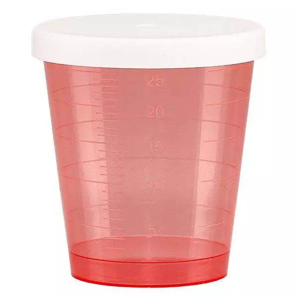 Medicijnbeker 30ml incl. klikdeksel (geneesmiddelenbeker/jeneverbeker) kleur: rood Medicijnbeker 30ml incl. klikdeksel (geneesmiddelenbeker/jeneverbeker) kleur: rood
