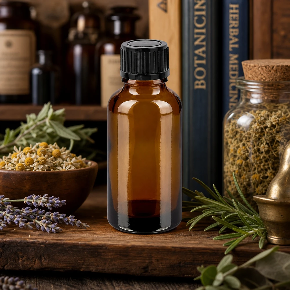 30ml BrownLine glazen flesje met zwarte SV-dop voor het veilig bewaren van kruidenoliën