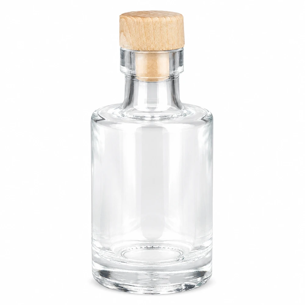 100ml glazen fles Marie met houten handvat kurk UNiTWIST leeg transparant ronde vorm Productfoto op witte achtergrond