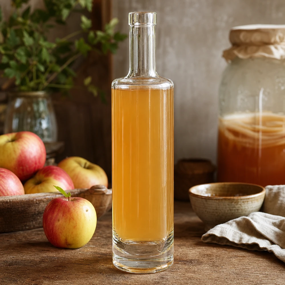 500ml glazen fles van Lina gevuld met gouden appelsap in een rustieke keukenscène met verse appels en honing