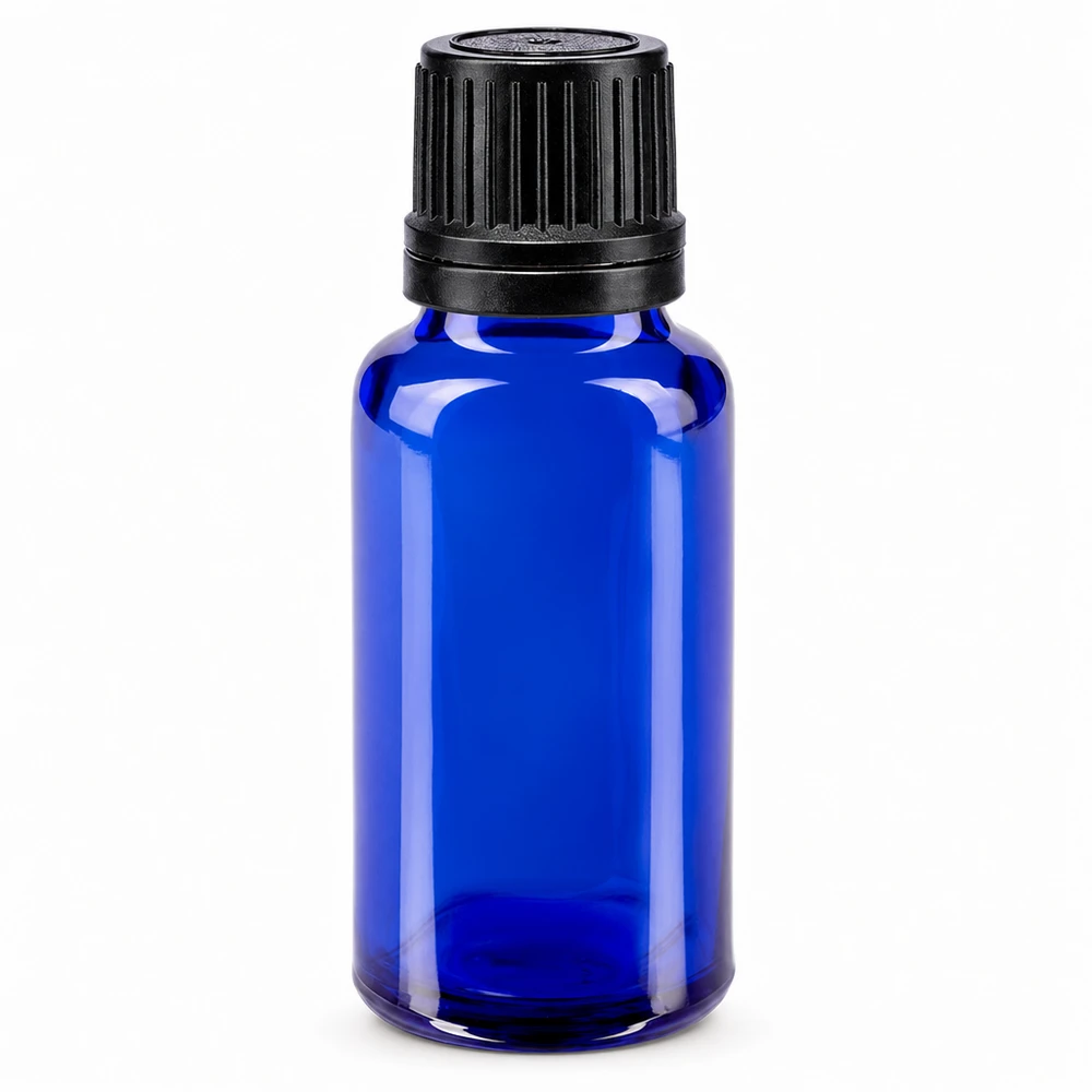 Cilindrische blauwe glazen fles van 20 ml met zwarte schroefdop en een hals van 8 mm