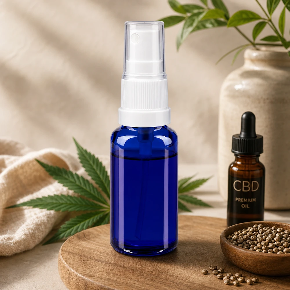 Sprayflesje van 20 ml, ApoGlas, blauw met witte pompkop, voor CBD en natuurlijke cosmetica