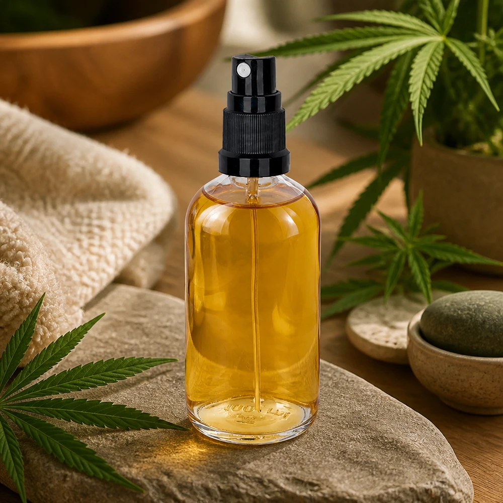 CBD-olie in een sprayfles van 100 ml, transparant glas met een zwarte pompverstuiver en een afbeelding van een hennepplant – wellness
