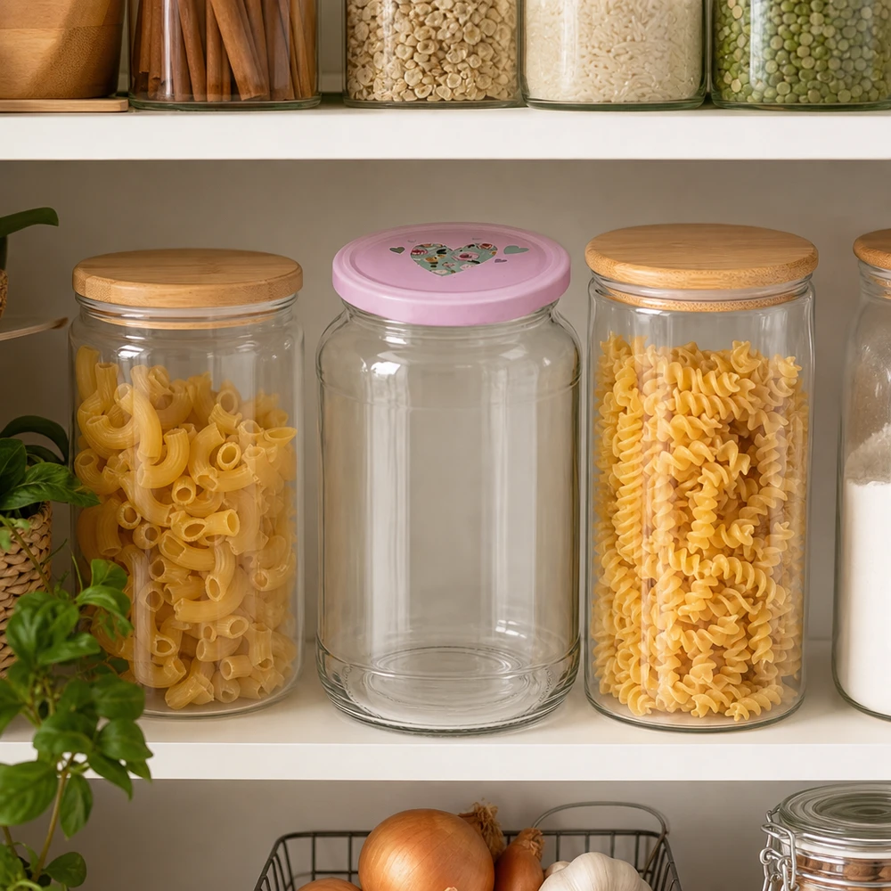 Ronde pot 1062 ml + deksel BasicSeal roze hart UNiTWIST 1062ml ronde pot BasicSeal roze hart deksel leeg in georganiseerd opbergrek keuken naast pasta voorraadpotten