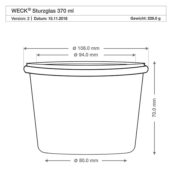 370ml stortglas WECK RR100 met kurk WECK Sturzglas 370ml RR100 technische Zeichnung mit Maßangaben Durchmesser 108mm Höhe 70mm Gewicht 226g