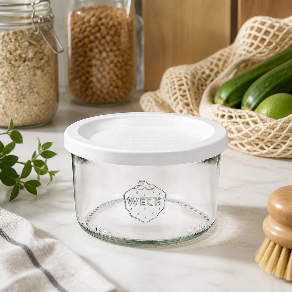 200ml stortglas met vershouddeksel WECK RR80 WECK 200ml RR80 mason jar met wit vershouddeksel in duurzame keuken met biologische groenten en bewaargerei