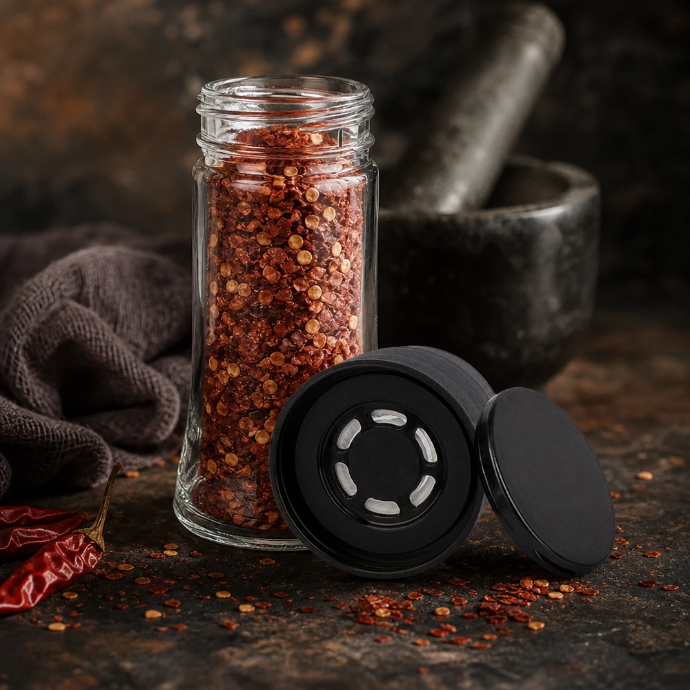 Gevulde pot met chilivlokken (95 ml) met een zwarte graanmolen en geopende deksel op een stenen tafel