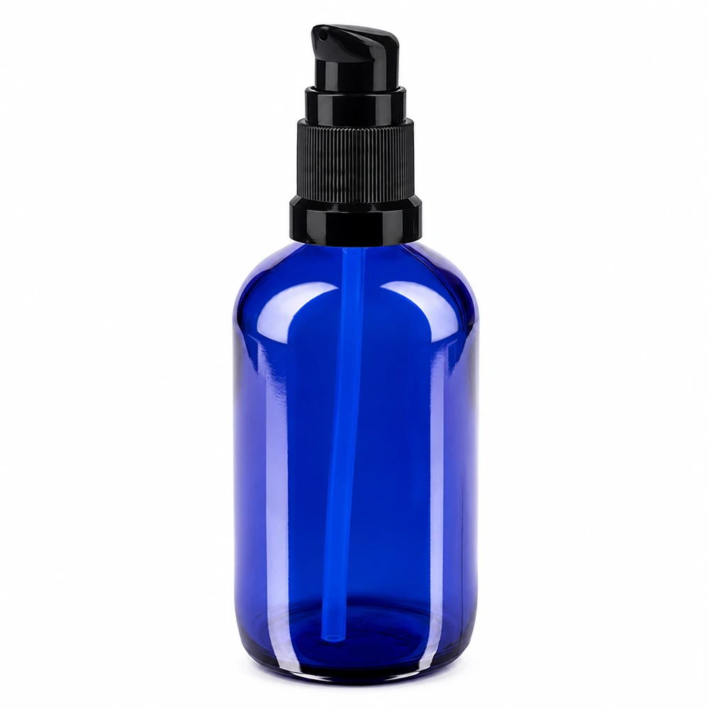 Blauwe glazen fles van 100 ml met pompdop voor cosmetica en farmacie