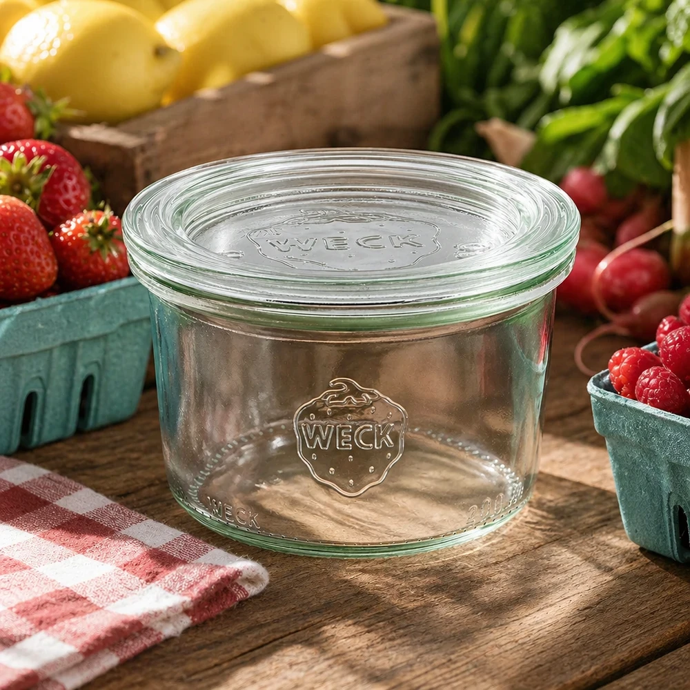 WECK inmaakpot 200ml RR80 in een natuurlijke keukensetting gedecoreerd met vers fruit en groenten