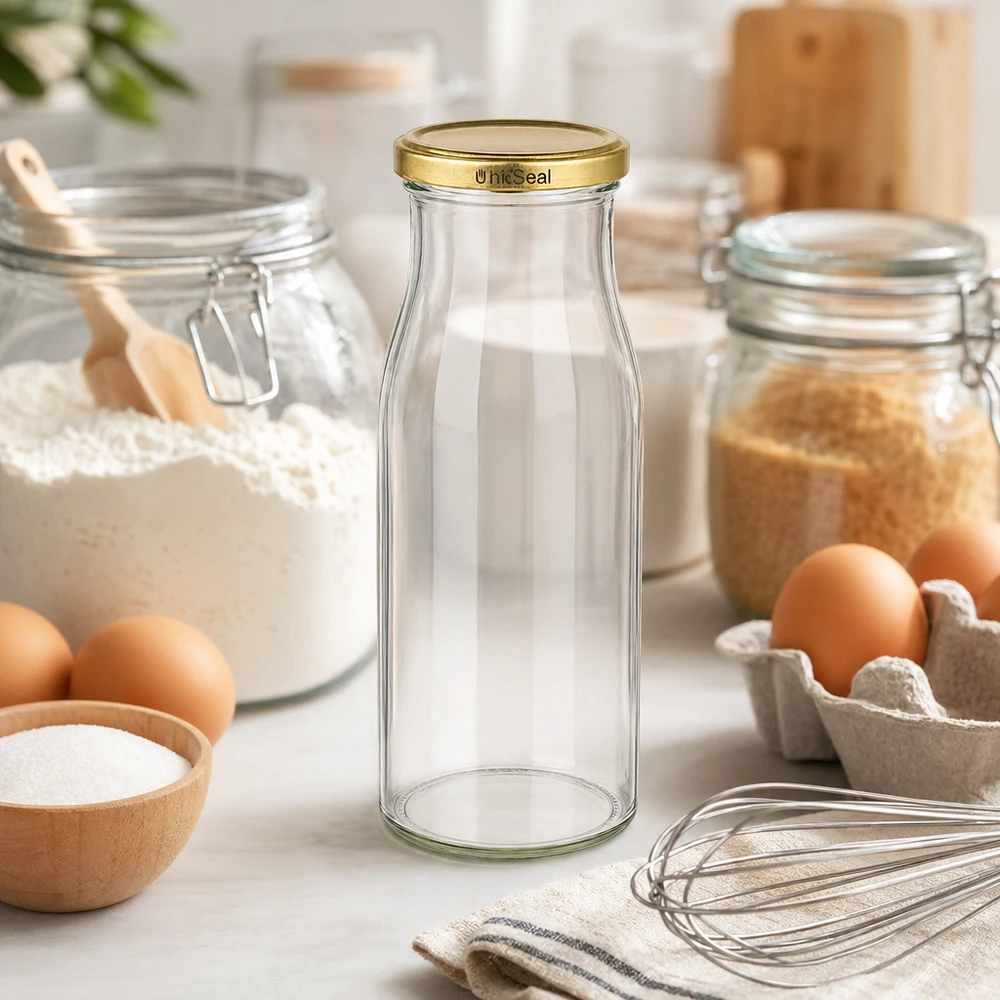 150ml fles met BioSeal deksel goud UNiTWIST UNiTWIST glazen fles 150ml leeg op keukenblad met bakingrediënten eieren bloem garde gouden deksel