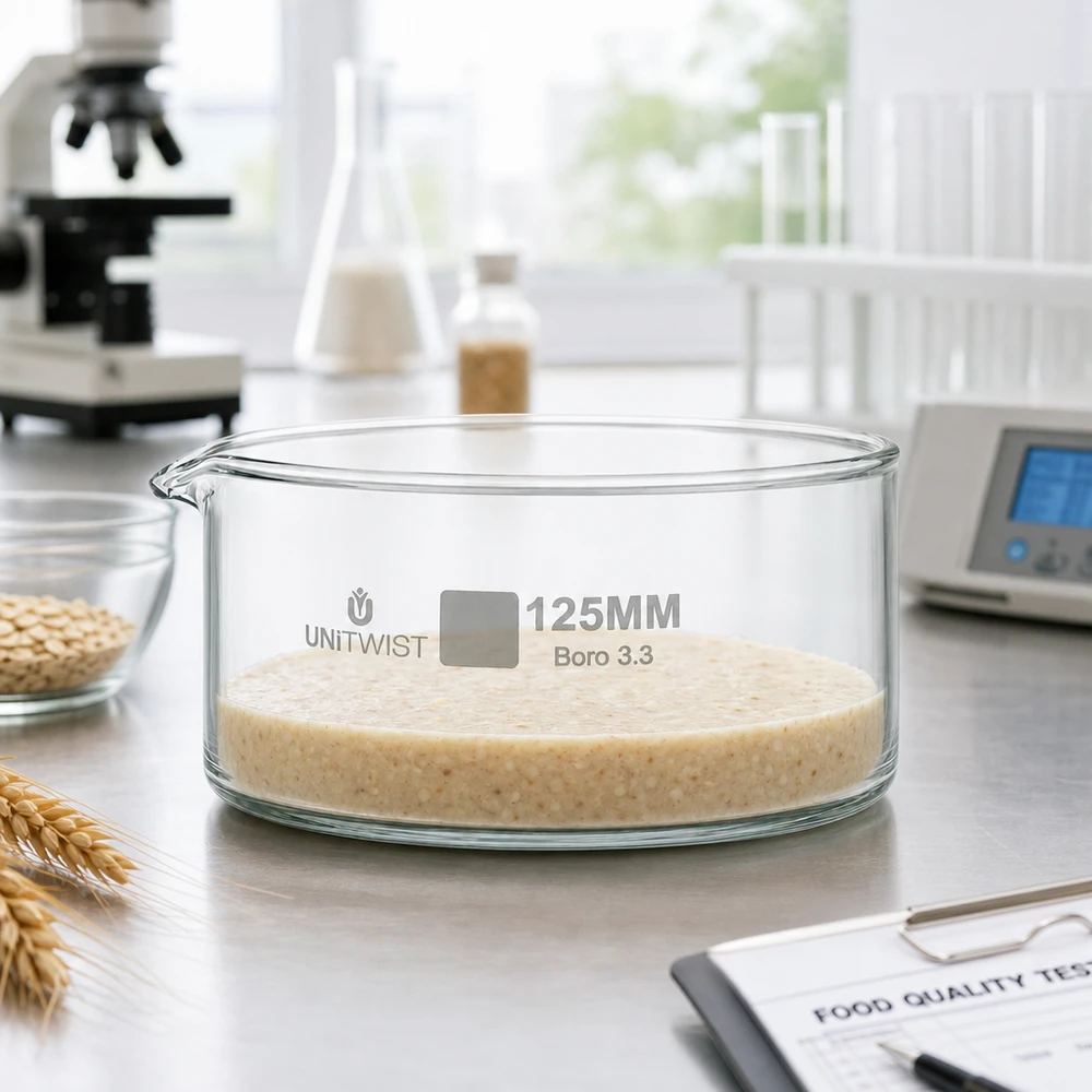 Kristalliseer schaal ø125mm borosilicaatglas UNiTWIST Voedingslaboratorium: kristallisatieschaal 125 mm UNiTWIST Boro 3.3, transparant, met haverproef en tarweplanten