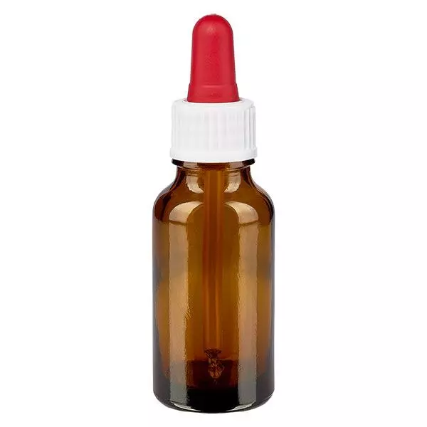Pipetfles bruin 20ml, pipet wit/rood ST Pipetfles bruin 20ml, pipet wit/rood ST