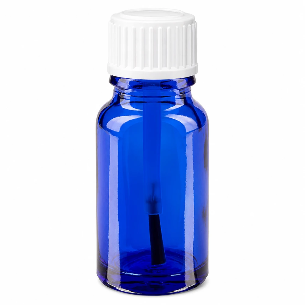 Blauwe glazen flessen 10ml, wit schroefsluiting met kwastje VR Kobaltblauwe apothekersfles van 10 ml, van borosilicaatglas, met een witte dop met doseerborsteltje