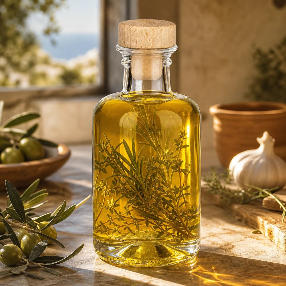 100 ml apothekersfles Sofia met houten handvat en kurk UNiTWIST® 100ml Glasflasche Sofia mit Holzkorken gefüllt mit Kräuteröl und Rosmarin mediterrane Küche Olivenöl Infusion