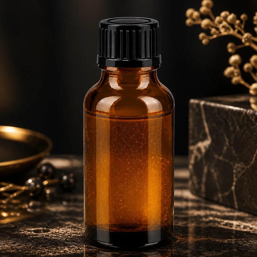 Kleine apothekersfles van 20 ml van bruin glas met UV-bescherming en een geribbelde zwarte dop