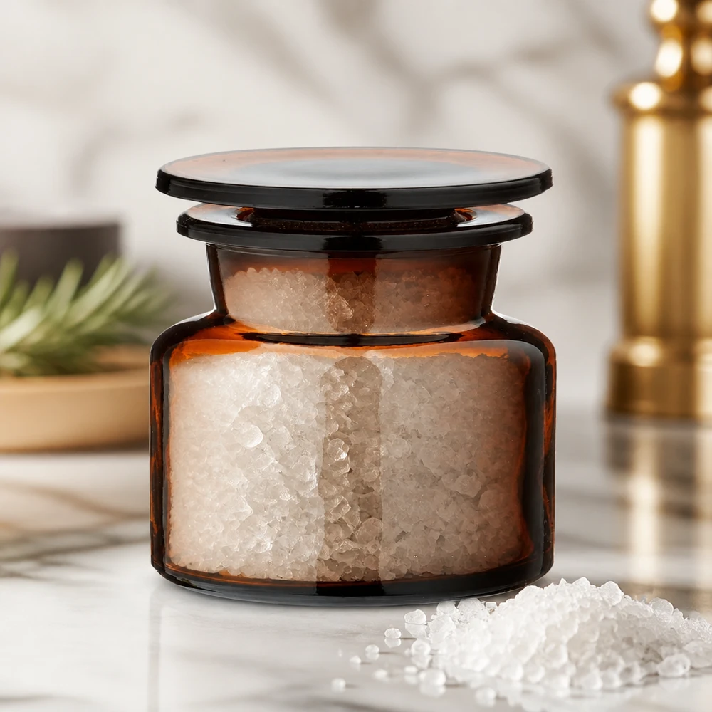 Vintage bruin glazen potje van 50 ml met brede opening, gevuld met witte badzout