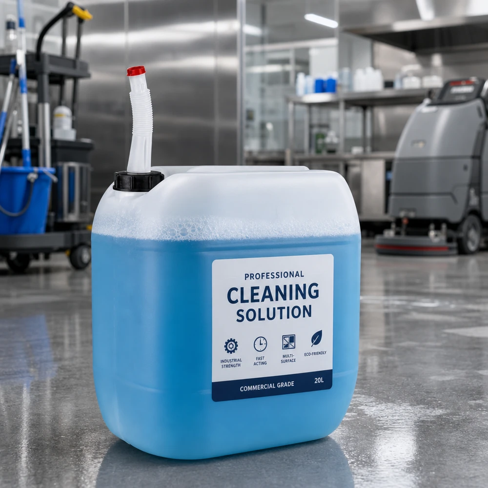 Rechthoekige jerrycan van 30 liter met uitloopbuis voor professionele reinigingsmiddelen in de horeca