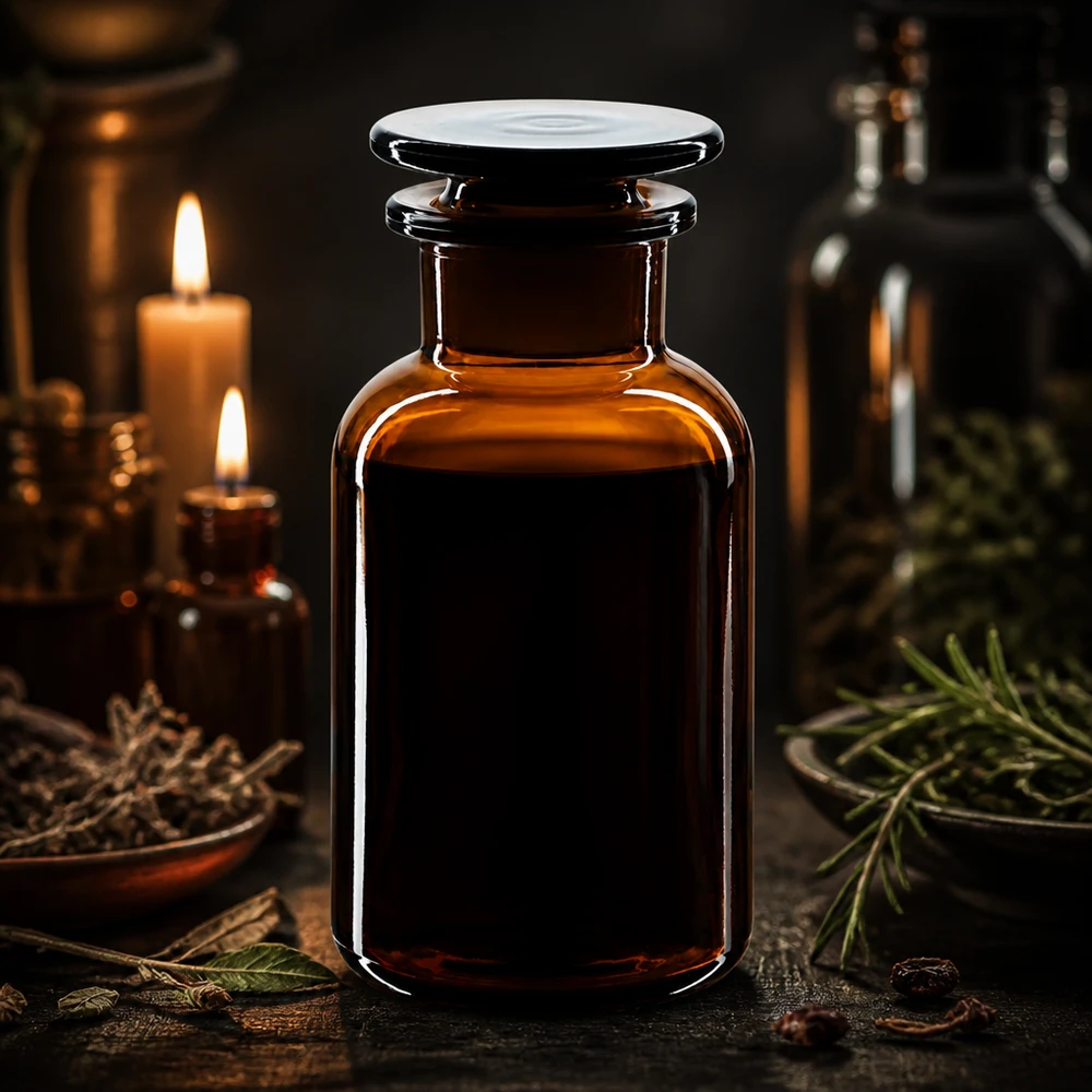 Vintage apothekersfles 250 ml, brede hals, bruin glas, glazen stop voor extracten van geneeskrachtige planten