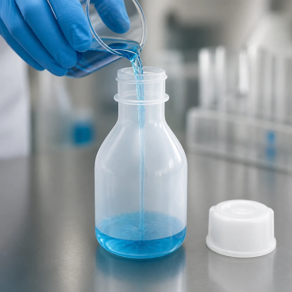 PE-schroeffles met smalle hals en een inhoud van 20 ml, voorzien van een witte dop, voor chemische vloeistoffen