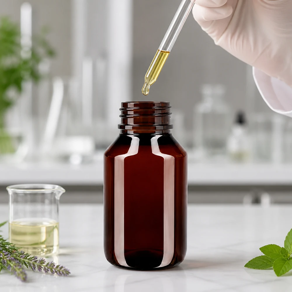 PET-fles van 50 ml in bruine glasuitvoering met doseerdop en rode sluiting, ideaal voor vloeistoffen