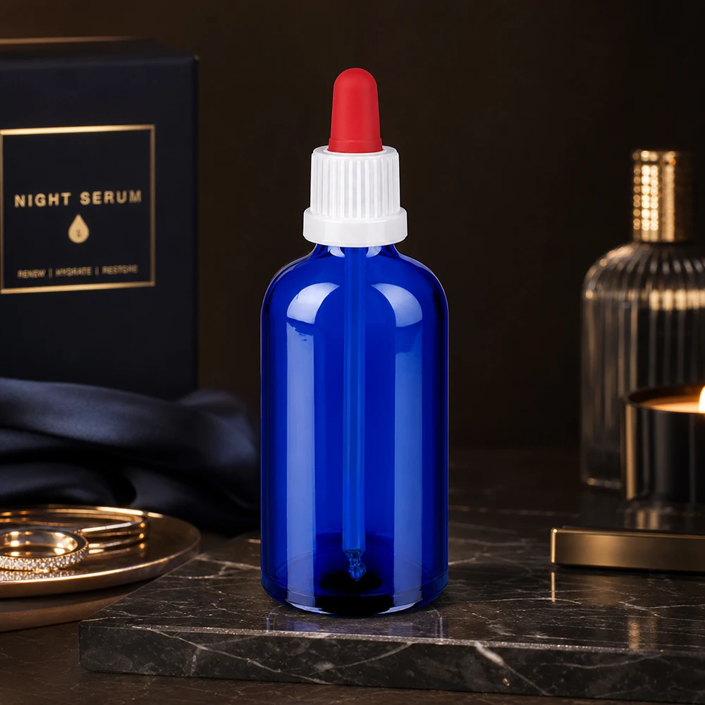 100ml pipetfles wit/rood OV BlueLine UT18/100 Flesje etherische oliën 100ml UV-bestendig met pipet met schaalverdeling voor milliliter nauwkeurig afmeten