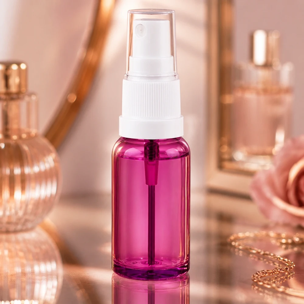 Elegant minispuitflesje 20ml in PurpleLine look met witte pompdispenser voor schoonheidstoepassingen