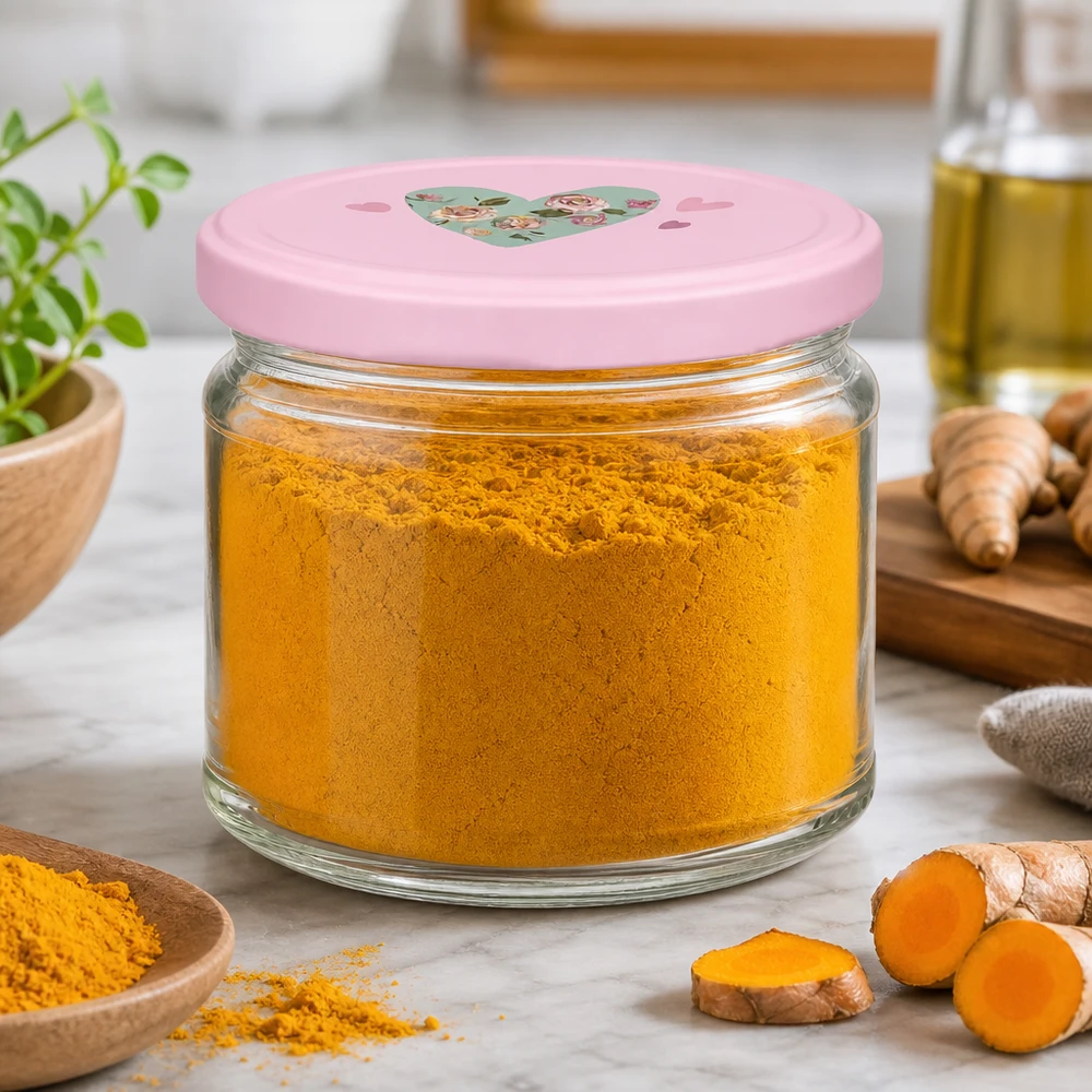 Ronde pot 330 ml + deksel BasicSeal roze hart UNiTWIST 330ml Rundglas gefüllt mit Kurkumapulver zeigt praktische Küchenaufbewahrung mit dekorativem rosa Herzdeckel