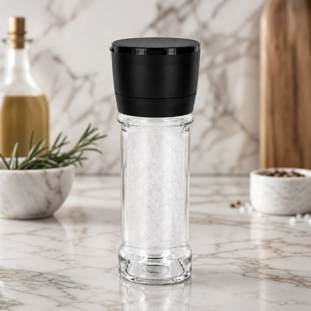 Zout-/kruidenpotje 100 ml met molen Vario zwart Zoutglas van 100 ml met een zwarte Vario-molen op een wit marmeren oppervlak, gevuld met grof zeezout