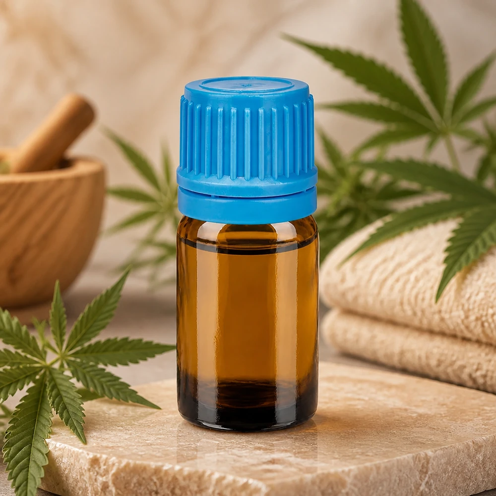 5ml glazen flesje bruin met blauwe dop ideaal voor CBD olie en natuurlijke cosmetica